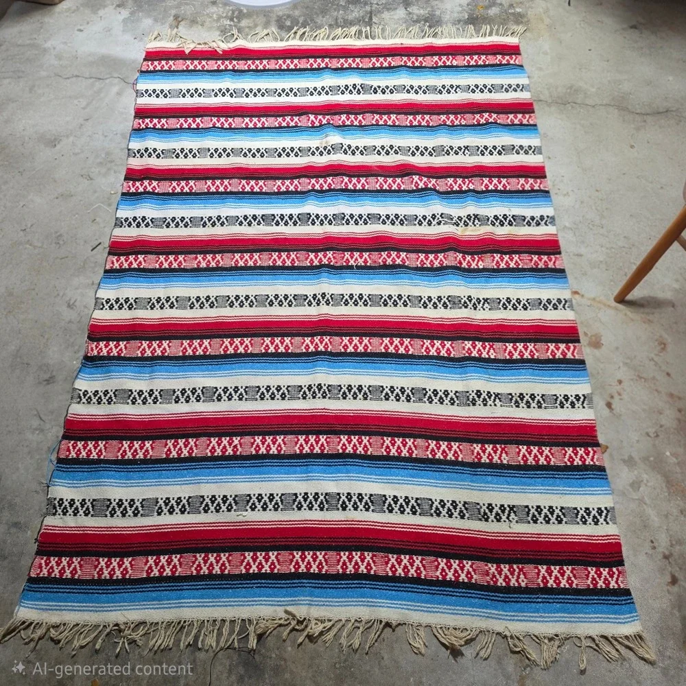 Vintage Mexican Serape Blanket Rug Striped Geometric Fringe Good 84
